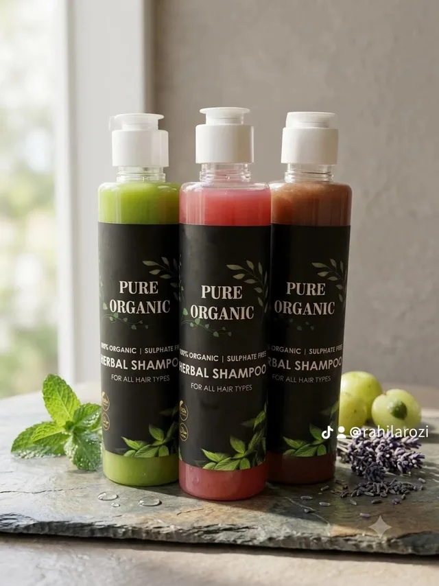 Pure Organic herbal shampoo bottles with botanical ingredients