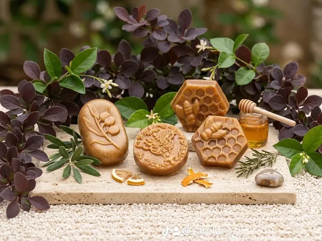 Handcrafted botanical soap bars with honey and leaves